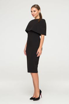 This dress captivates with its classic elegance. Under the cape is a simple and sleeve less pencil dress that you can wear also without the cape. The pencil dress has a round neckline and a short V- neckline at the back. The darts form a slim figure and increase the wearing comfort. This elegant dress will dress you perfectly for many different occasions. Wear this knee- length dress without the cape, so it`s a simple basic dress, to which a denim jacket or a leather jacket looks great. You can Cocktail Evening Dress With Cape Sleeves, Elegant Dress With Cape Sleeves, Elegant Fitted Cape Dress, Formal Fitted Cape Dress, Elegant Midi Dress For Wedding Guest With Straight Neckline, Chic Cape Dress For Formal Occasions, Elegant Bodycon Dress With Boat Neck, Elegant Formal Midi Dress With Boat Neck, Elegant Workwear Dresses With Cape Sleeves