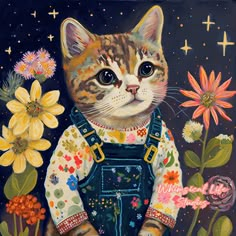 a painting of a cat wearing overalls and holding a flower in its paws with stars above it