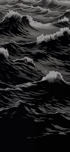 black and white drawing of large waves in the ocean with dark sky behind them,