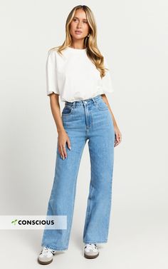 Cole Jeans - High Waist Relaxed Wide Leg Recycled Denim Jeans in Mid Blue Wash Wide Leg Jeans Crop Top Outfit, Jeans And Crop Top Outfit, Wide Leg Jeans Shoes, Jeans Crop Top, Mum Jeans, Wide Leg Jeans Cropped, Red Sequin Dress, Basic Black Dress, Neon Outfits