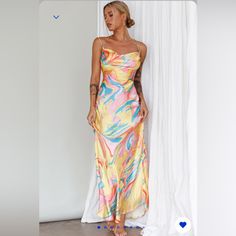 Stand Out At Your Next Affair With This Brightly Colored Marble Patterned Maxi Dress. Cowl Neck And Sexy Back Make This An Elegant And Fun Choice For Any Occasion. Chic Multicolor Summer Slip Dress, Multicolor Spaghetti Straps Midi Dress For Party, Multicolor Summer Slip Dress, Fitted Multicolor Slip Dress, Chic Multicolor Slip Dress For Spring, Fitted Multicolor Slip Dress For Spring, Flirty Multicolor Dress With Spaghetti Straps, Flirty Multicolor Spaghetti Strap Dress, Yellow Slip Dress For Spring Party