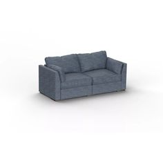 a blue couch sitting on top of a white floor