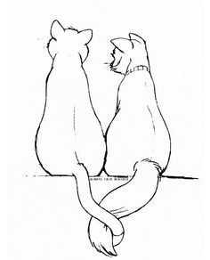 two cats sitting next to each other looking at each other with their backs facing one another