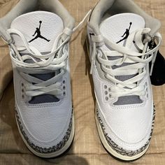 Air Jordan 3 Retro, Size 4y, Elephant Print, White And Gray White Low-top Jordan Shoes With Speckled Midsole, White Lace-up Jordan Shoes With Speckled Midsole, White Jordan Shoes With Laces, Round Toe, White Jordan Shoes With Speckled Midsole Lace-up, White Lace-up Jordan Shoes, White Synthetic Jordan Shoes With Laces, Casual White Jordan Shoes With Speckled Midsole, White Custom Lace-up Sneakers, Jordan White