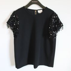 Black Short Sleeve Top With Sequin Sleeves, Straigh Fit. Never Been Worn, Tags Still Attached. Chic Black Embellished Blouse, Black Embellished Blouse For Night Out, Black Embellished Top For Work, Fitted Sequin Blouse For Workwear, Embellished Fitted Blouse For Work, Fitted Embellished Blouse For Work, Black Silk Blouse, Sequin Short, Silk Sleeveless Top