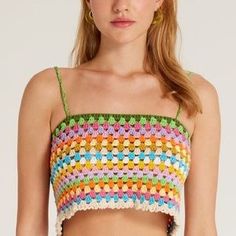 Trendy Fitted Multicolor Crochet Top, Colorful Crochet Top For Spring, Fitted Multicolor Crochet Top For Spring, Multicolor Cropped Crochet Top For Spring, Multicolor Cropped Crochet Top For Vacation, Intricate Crochet, Green Crochet, Crochet Work, Green Blue Purple