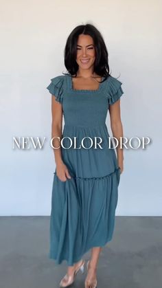 Blending a fan-favorite style with a dreamy vintage teal hue is simply *chef's kiss* perfection!😮‍💨 Our Jacie Smocked Midi Dress | Vintage Teal features adorable ruffle sleeves + pockets for all your essentials💖 Shop now🛍️ Solid Ruched Tiered Midi Dress, Ruched Tiered Midi Dress, Flowy Solid Smocked Dress, Flowy Solid Smocked Dress With Smocked Back, Solid Color Tiered Midi Dress With Smocked Back, Flowy Smocked Back Dress, Tiered Midi Dress With Smocked Bodice, Casual Ruched Smocked Dress With Tiered Skirt, Smocked Ruffle Midi Dress