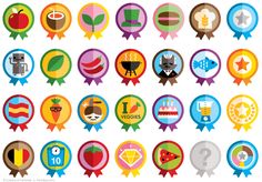 a bunch of colorful badges with different types of items on them, all around the world