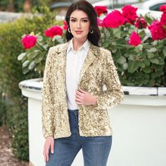 Elevate your wardrobe with the Anna-Kaci Women's Glitter Long Sleeve Open Front Sparkle Party Blazer Jacket, perfect for adding glamour to formal events or a touch of professionalism to everyday outfits. Versatile and stylish, these sparkly sequin blazers can be dressed up or down to suit any occasion effortlessly. Glamorous Winter Sequin Fabric For Night Out, Glamorous Sequin Fabric For Winter Night Out, Glamorous Long Sleeve Fall Blazer, Glamorous Long Sleeve Blazer For Fall, Chic Long Sleeve Party Blazer, Chic Long Sleeve Blazer For Parties, Glamorous Fall Sequin Outerwear, Glamorous Fall Outerwear With Sequins, Gold Long Sleeve Blazer For Winter