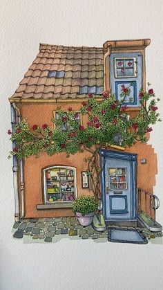 a watercolor painting of a house with flowers on it