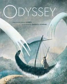 the odyssey book cover with an image of a man in a boat on a wave