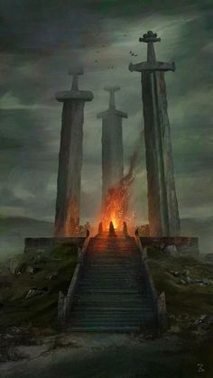 an image of a fantasy scene with fire coming out of the gates and people standing on stairs