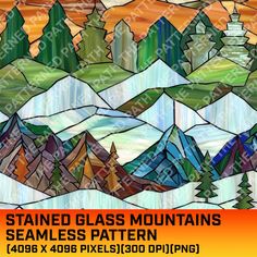 stained glass mountains pattern with trees and snow on the mountain range in orange, green, blue