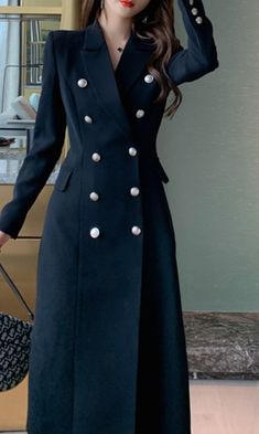 Dark Blue Button Long Spring Coat. It is good for cold weather. It is street style and trendy. The fabric is thick and fitted. It is good for young and adult women. It can be used as a blazer and dress . It is good for professional business work office look. Thick Fabric Dress, Dark Blue Suit For Women, Blazer Long Dress, Long Blazer Outfits For Women, Blazer Outfits For Women Classy, Long Blazer Outfit, Long Blazer Dress, Long Blazers, Dark Blue Coat