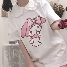 Kawaii Sanrio My Melody T-Shirt - Juneptune Cute Cartoon Print Crew Neck T-shirt, Harajuku Style Cotton Cartoon Print T-shirt, Harajuku Style Cotton T-shirt With Cartoon Print, Cotton Harajuku T-shirt With Cartoon Print, Pink Crew Neck T-shirt With Cute Design, White Harajuku Top With Funny Print, Cute Cotton T-shirt With Funny Print, Cute Cartoon Print Short Sleeve Tops, Kawaii Cotton Tops With Character Print