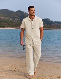 About this item Linen Material -- Men beach 2 piece outfits are made of linen blend fabric. Soft, breathable and easy to the touch, stay cooler, relaxed fit on a hot summer day. Vintage Classic Set -- With the cooperation of classic and stylish design, cuban collar shirts and loose long pants, inspired by the retro 1960s pool parties and beach wedding days, to make this matching linen button down shirts and pants are on-trend. Casual Linen 2 Piece Outfits -- The short sleeve button down shirts with camp collar, a chest pockt and a untucked design complete your vacation look. The linen beach pants features elastic drawsring waist, two front pockets and open bottoms, provides enough waist and leg room to move more freely. Linen Outfit Beach, Linen Beach Pants, Linen Outfit, Pants Outfit Men, Comfy Casual Outfits, Shapewear Tops, Mens Fashion Classy, Pant Sets