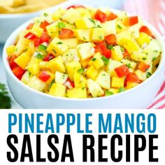 pineapple mango salsa recipe in a white bowl on a red and white striped napkin