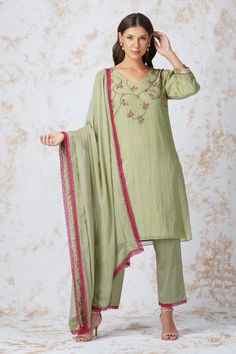 Semi-stitched Embroidered Green Kurta, Pista Green Chanderi Kurta With Resham Embroidery, Green Floral Embroidery Churidar, Festive Pista Green Salwar Kameez With Dori Work, Fitted Pista Green Salwar Kameez With Dori Work, Semi-stitched Green Set With Floral Embroidery, Green Chanderi Kurta With Zari Work, Green Dola Silk Churidar With Straight Kurta, Green Dola Silk Churidar In Straight Kurta Style