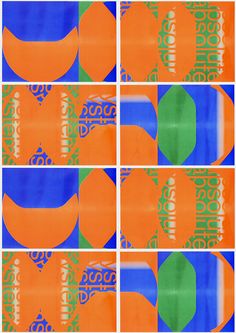 four different images of oranges and blue with green circles on the top one is an abstract painting