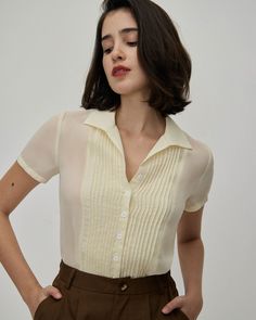 The Beige V Neck Pleated Chiffon Blouse & Reviews - Beige - Tops | RIHOAS Pleated Chiffon Blouse, Nursing Friendly Tops, Formal Blouses, Chiffon Blouses, Work Fits, Athleisure Tops, Tie Scarf, Pleated Chiffon, Understated Luxury