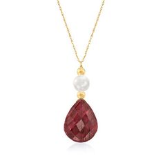 Ross-Simons - 6-7mm Cultured Pearl, 10.00ct Ruby Necklace in 14kt Yellow Gold. 20". Add a dash of drama to your day with this elegant necklace. A 10.00 carat pear-shaped ruby is eye-catching beneath a single 6-7mm cultured freshwater pearl and 3mm gold spacer beads. Suspends from a 14kt yellow gold rope chain with a springring clasp. White pearl and ruby necklace. Ruby birthstones are the perfect gift for July birthdays. Pearl Drop Necklace, Ruby Birthstone, Detailed Necklace, Gold Rope Chains, Yellow Gold Jewelry, Ruby Necklace, Natural Gold, Ruby Earrings, Ruby Jewelry