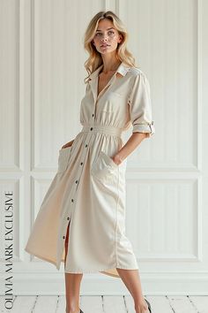 Olivia Mark - Elegant Elbow-Sleeve, Button-Front Midi Dress with Elastic Waist and Side Pockets Solid V-neck Midi Dress With Button Closure, Cotton A-line Midi Dress With Button Closure, Cotton Button-up Belted Midi Dress, Cotton V-neck Midi Dress With Button Closure, White V-neck Midi Dress With Button Closure, Dress With Elastic Waist, Elbow Sleeve, An Article, Teen Fashion Outfits