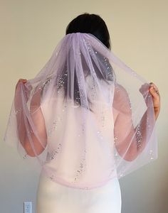 "This tulle veil is just so fun! Purple tulle with sequins. It is really suitable for wedding or party.  comb attachment. 4 length available : 16\" short style 25\" elbow style 40\"finger length 52\"longer style" Sheer Organza Veil For Party, Sheer Organza Party Veil, Lavender Tulle Fabric For Wedding, Purple Organza Tulle Fabric For Wedding, Wedding Sequin Tulle Fabric With Shimmer, Wedding Tulle Sequin Fabric, Purple Tulle Fabric For Party, Wedding Sequin Tulle Fabric With Glitter, Glitter Sequin Tulle Fabric For Wedding