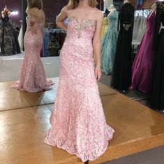 Tiffany Designs Embroidered Lace & Rhinestone Overlay Dress. Elegant Lace Dress With Rhinestones, Evening Lace Dresses With Rhinestones, Tiffany Designs Prom Dress, Orange Gown, Tiffany Dresses, Barbie Pink Dress, Wedding Dress Size 10, Pageant Wear, Beaded Formal Dress