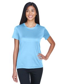 Shop UltraClub 8620L in Columbia Blue & get instant bulk discounts. This 100.00% Polyester Women T-Shirt is often used for Heat Transfer projects by our customers | Ships Fast | Award-Winning Customer Service. Womens Workout Shirts, Workout Tops For Women, Columbia Blue, Womens Activewear, Cool Suits, Classic Looks, V Neck T Shirt, Age Group, Going Out