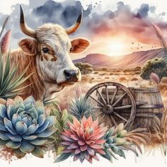 a painting of a cow in the desert with succulents and cacti