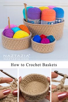 crochet basket with yarn in it and instructions for how to crochet