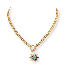 Indulge in celestial elegance with our Astra Sun Pendant Necklace featuring a captivating Turquoise Sun design. This exquisite piece seamlessly blends timeless style with a touch of cosmic allure. Make a unique statement with a piece that seamlessly combines celestial charm with personal style. 18k Gold Plated Stainless Steel Pendant Meassures 27mmx24mm Chain Length is 17.25" Water and Tarnish Resistant: Crafted to withstand everyday wear and tear Hypoallergenic: Made with high-quality materials Elegant Blue Necklace With Star Charm, Elegant Blue Star Charm Jewelry, Elegant Blue Jewelry With Star Charm, Celestial Turquoise Jewelry For Jewelry Making, Celestial Turquoise Necklaces As Gift, Celestial Turquoise Necklace For Gift, Celestial Turquoise Necklaces For Gifts, Turquoise Celestial Necklaces As Gift, Turquoise Celestial Style Necklace For Gift