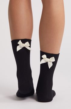 Ribbon bows sweeten these cotton-blend quarter socks designed to make a statement. Cotton/polyester Machine wash, tumble dry Imported Bow Socks, Women Socks Fashion, Clara Bow, Quarter Socks, Knitted Slippers, Fabric Gift Bags, Dress Socks, Slipper Socks, Designer Socks