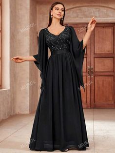 V-neck Georgette Maxi Dress For Party, Georgette V-neck Maxi Dress For Party, Black Chiffon V-neck Evening Dress, Chiffon V-neck Evening Dress For Banquet, Elegant Georgette Chiffon Party Dress, V-neck Chiffon Dress For Banquet, Black Chiffon Evening Dress For Banquet, Party Maxi Chiffon Dress, V-neck Chiffon Evening Dress For Banquet