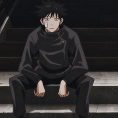 an anime character sitting on some steps with his hands in his pockets and looking at the camera