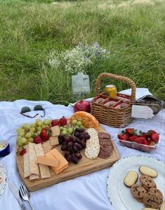 a picnic with cheese, crackers and fruit on a table in front of the grass