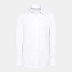 This crisp white button-up is tailored to a tailored fit and features a large point collar and single cuff-a classic style that's perfect for any formal look. White Long Sleeve Luxury Dress Shirt, Luxury White Long Sleeve Dress Shirt, White Long Sleeve Dress Shirt With Concealed Placket, Luxury Button-up Office Shirt, Luxury Fitted Dress Shirt With Button Closure, Timeless Shirt With Lapel Collar For Office, Luxury White Shirt With Button Closure, Elegant Single Breasted Collared Shirt, Tailored White Tops For Formal Occasions