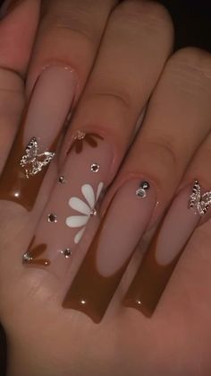 French Tip Nails Ideas Coffin, Nail Inspo Acrylic Brown, Coffin Acrylic Nails Minimalist, Class Acrylic Nails, Aesthetic Long Nails Acrylic, Acrylic Nail Designs French Tip Ideas Long, Squared Acrylics Long, Blue Nail Inspo 2023, Brown French Tip With Rhinestones