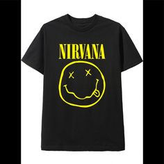 Classic Nirvana Graphic Tee Never Worn Perfect Condition Yellow Band Merch Tops For Streetwear, Yellow Graphic Print Band Merch Top, Grunge Yellow T-shirt For Streetwear, Yellow Grunge T-shirt For Streetwear, Yellow Short Sleeve Grunge T-shirt, Yellow Grunge Tops For Streetwear, Yellow Short Sleeve Grunge Tops, Yellow Crew Neck Grunge T-shirt, Yellow Grunge Crew Neck T-shirt