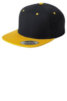 Sport-Tek ® Yupoong ® Flat Bill Snapback Cap. STC19 - BLACK/ GOLD - OSFA | Sport-Tek Flat Bill Snapback Cap in Black/Gold Size OSFA | Wool Headwear Fashion, Multicam Black, True Red, Snapback Cap, Fitted Hats, Cotton Spandex, Streetwear Fashion, Accessories Hats, Comfort Fit