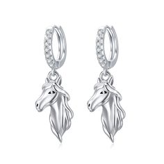 silver plated earrings with horse head and crystal stones on the bottom, set in white gold