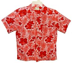 Vintage 1948-1958 Aloha Shirt by Hale Hawaii Tropical Floral Design Red & White Size Medium. Collar button with fabric loop, coconut buttons, vintage horizontal buttonholes, front pocket, straight hem. Shoulder-to-shoulder: 18-5/8 inches, across chest: 24-1/4 inches, length: 28-1/8 inches. Very good vintage; no issues. No material tag; feels like cotton. Made in USA. INTERNATIONAL BUYERS – This item may be subject to import duties. Please check with your country’s customs office to determine the White Cotton Shirt With Hibiscus Print, White Cotton Hibiscus Print Shirt, Red Hawaiian Shirt With Camp Collar For Spring, Vintage Red Camp Shirt With Camp Collar, White Hawaiian Camp Shirt In Cotton, Red Relaxed Fit Hawaiian Shirt For Spring, Vintage Red Short Sleeve Camp Shirt, Red Printed Hawaiian Shirt With Camp Collar, Retro Red Cotton Camp Shirt