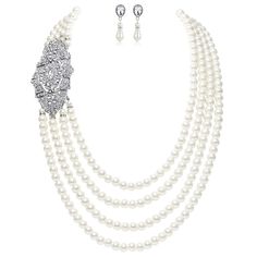 PRICES MAY VARY. Vintage multi-layer long pearl necklace with crystal flower and pearl earrings, a great dress accessory jewelry set, also can be used as a sweater chain. Size: Length of each pearl strand: 18.9", 20.5", 21.6", 23.6"; Length of earrings:1.5"; Size of crystal brooch: 3.2" x 1.9"; Length of extension chain: 6.69". Material: imitation pearl strings, crystal flower and alloy. Great quality of materials and craftsmanship. Vintage styling right off the Great Gatsby runway! Perfect for 1920's Wedding, Bridal Pearl Necklace, Pearl Necklace Vintage, 1920s Vintage, Long Pearl Necklaces, Pearl Necklace Earrings, Mixed Metal Jewelry, Moonstone Earrings, Crystal Brooch