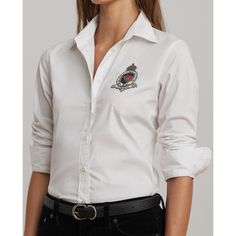 A silky stretch-cotton blend brings a lightweight feel and polished look to this button-up shirt which features Lauren’s beaded crest at the chest for iconic Lauren Ralph Lauren style. Ralph Lauren Fitted Button-up Tops, Ralph Lauren Fitted Formal Tops, Fitted Button-up Ralph Lauren Shirt, Ralph Lauren Fitted Button-up Shirt, Fitted Ralph Lauren Shirt With Button Closure, Ralph Lauren Fitted Shirt With Button Closure, Classic Ralph Lauren Tops With Spread Collar, Classic Ralph Lauren Top With Spread Collar, Classic Ralph Lauren Button-up Shirt