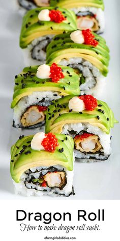 sushi rolls with avocado and red cauliflower on the top are ready to be eaten