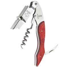 a swiss army knife with a corkscrew attached to it's blade and red handle