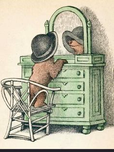 a drawing of a teddy bear looking at himself in the mirror while sitting on a chair