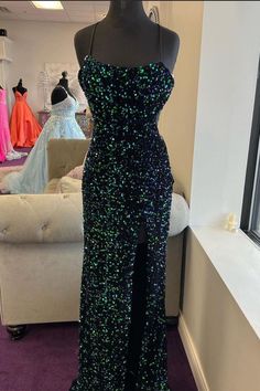 Colour Names List, Prom Dress Long, Spaghetti Strap Prom Dress, Prom Dresses Sleeveless, Green Sequins, Mermaid Fashion, Mermaid Prom Dresses, Long Prom Dress, Evening Dresses Prom