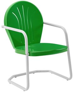 a green plastic chair with white frame and arms