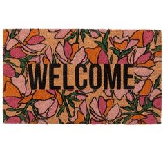 a welcome mat with flowers on it that says,'welcome'in black letters